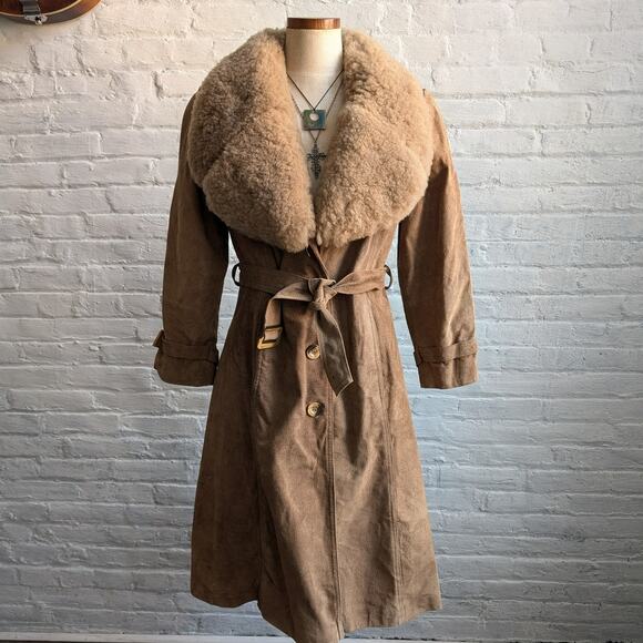 Vintage Jackets & Blazers - 70s Vintage Penny Lane Tan Suede Fur Trench Coat Genuine Leather Groovy Duster